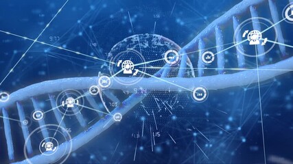 Animation of network of connections over dna strand and globe - Powered by Adobe