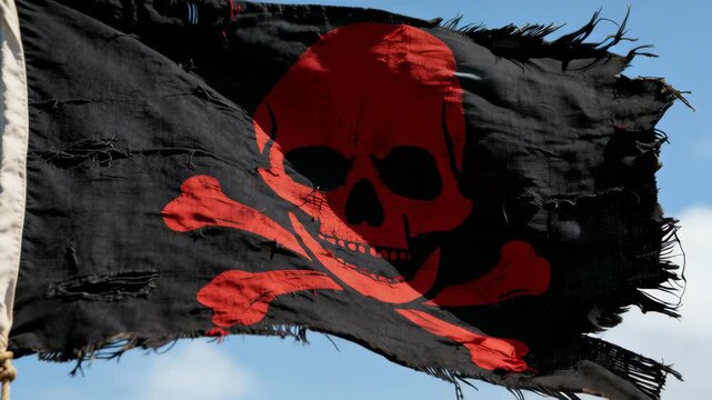 Pirate flag with red skull and crossbones waving dramatically in harsh daylight. Tattered black fabric flutters against blue sky in slow motion. for adventure, piracy, and rebellious themed content.
