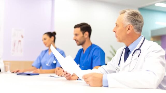Diverse medical team of doctors and nurses having a focused discussion during a meeting in a bright hospital conference room, demonstrating professional collaboration.