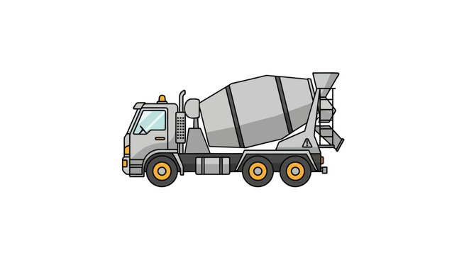 A detailed cartoon illustration of a grey concrete mixer truck from the side view.