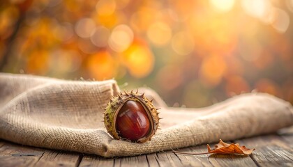 A chestnut bursts from its spiky husk on burlap, a leaf beside it, autumn background