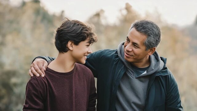 A father gently placing his hand on his teenage son&rsquo;s shoulder during an emotional moment outdoors, support, trust, family connection.