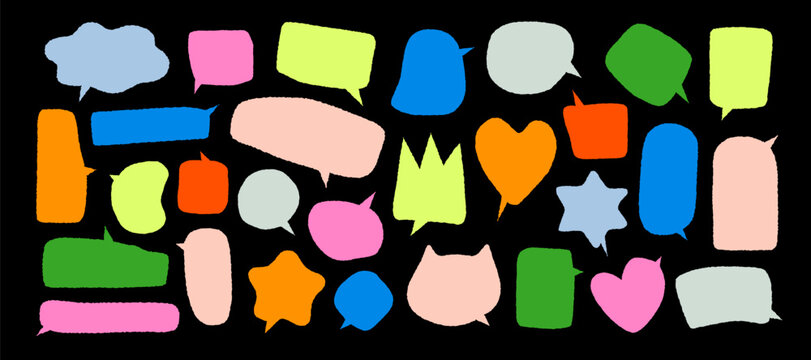 Organic frame shapes. Rough edge crayon drawn speech bubbles. Fun colorful wavy doodle textboxes. Vector multicolored organic rectangle text boxes. Liquid rounded shape elements. Deformed oval bubbles