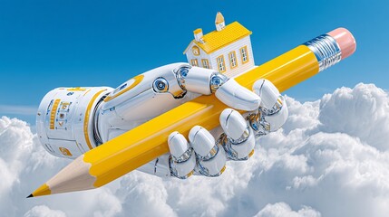 3D cute robot hand holding a giant yellow pencil with a small house on top, surreal education and AI, bright colors, copy space