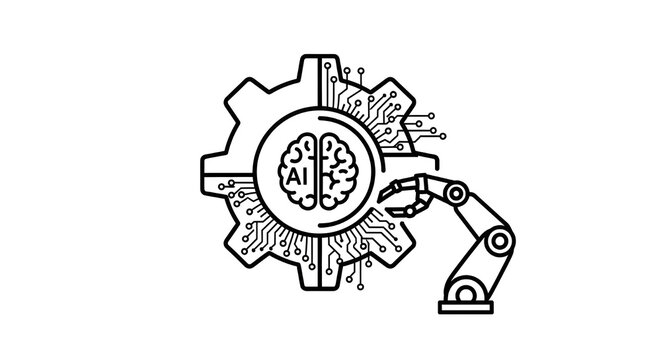 A robotic arm interacting with a gear integrated with a brain - Powered by Adobe