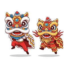 Cartoon Style Pair Lion Dance Cute Character Illustration Graphic Asset