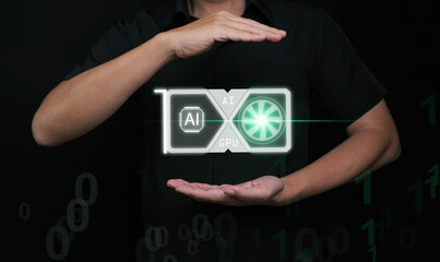 A glowing AI GPU floating between two hands, symbolizing advanced artificial intelligence hardware, high-performance computing, digital display technology, deep learning, and acceleration power.