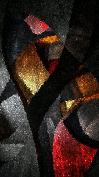 Dark Wood Grain Abstract Architecture With Glowing Red and Gold Light Reflected on Curved Panels, Made of Cubes
