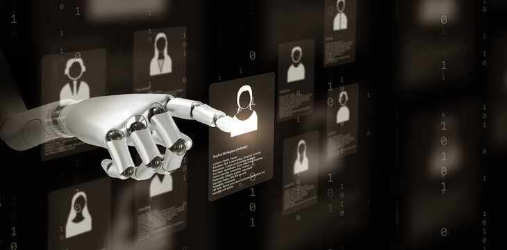 Robot hand selecting candidate profile on digital screen. Concept of AI recruitment, automation in human resource management, future technology, and intelligent data-driven hiring system.