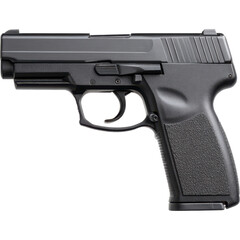 A black pistol is displayed with a matching black background.