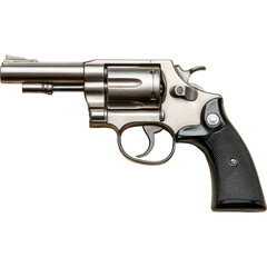A shiny silver revolver pistol with a black grip on dark backdrop.
