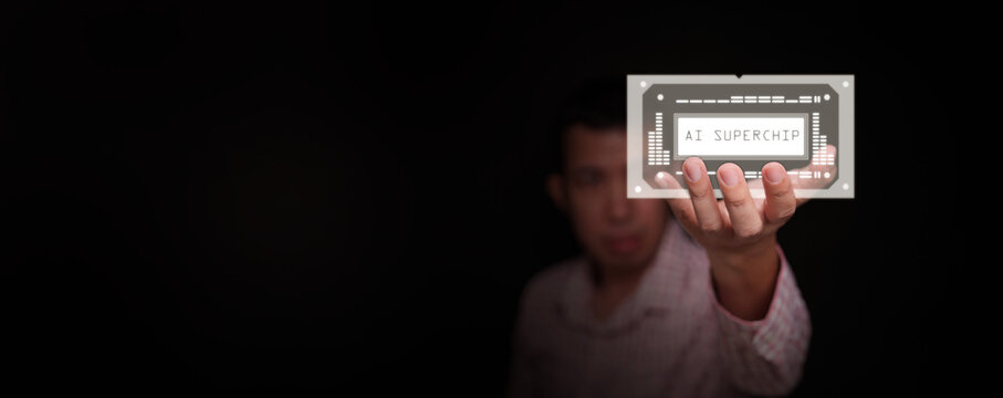 AI superchip held forward by a man with electric energy and floating binary code, Advanced computing for large scale Ai, and high performance processing for next-generation artificial intelligence.