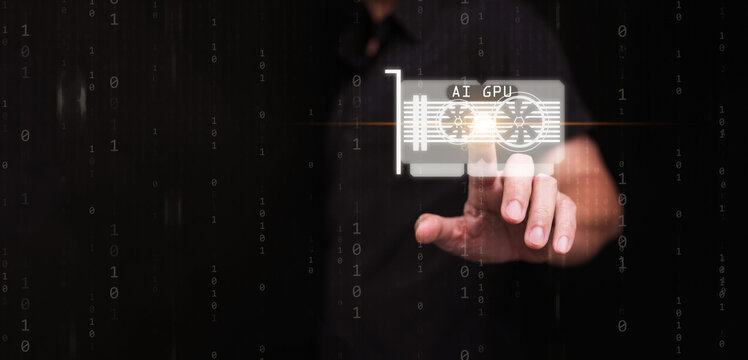 Hand touches glowing AI GPU icon with binary code background. Advanced computing power processor, artificial intelligence display tech, graphics processing unit acceleration, and digital technology.
