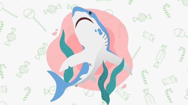 Animation of shark icon over christmas sweet icons against white background