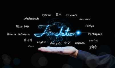 Digital translation concept with world map and multiple international languages floating above hand. Artificial intelligence, multilingual communication, and global translating technology.