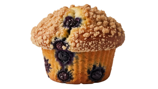 Delicious blueberry muffin with crumble topping isolated PNG, baked treat on transparent background for dessert and breakfast concepts