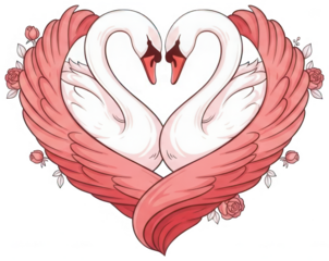Valentine Elegant pair of swans forming a beautiful heart shape symbolizing eternal love and romance decorated with delicate pink roses on transparent background