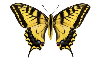 Eastern tiger swallowtail butterfly PNG isolated on transparent background, yellow and black wings with blue and red spots, beautiful insect
