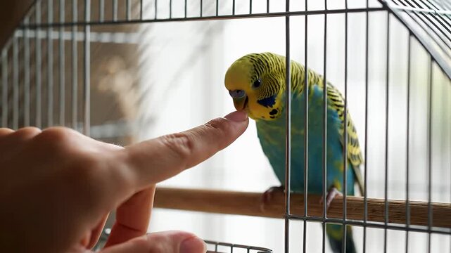 A person's finger gently interacts with a small, colorful parakeet perched inside its birdcage.