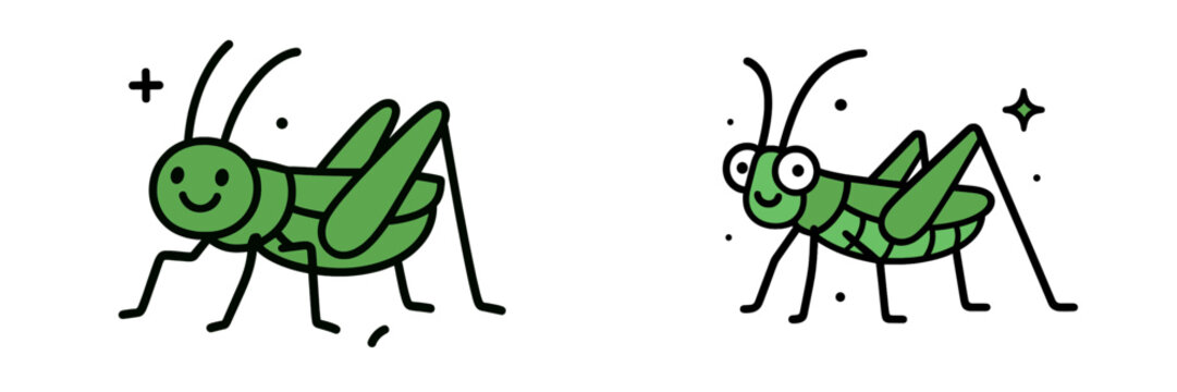 Happy green grasshoppers in a playful vector illustration style