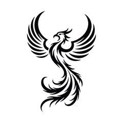 Fototapeta premium Black silhouette of a rising phoenix bird with spread wings and tail feathers icon