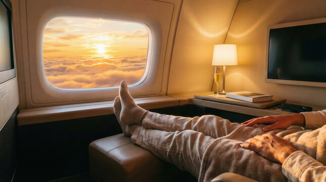 Vue depuis le hublot d'un jet priv&eacute; de luxe au coucher du soleil