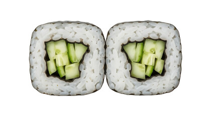 Two cucumber maki sushi rolls isolated PNG, traditional Japanese cuisine with rice and nori seaweed on transparent background © Nina