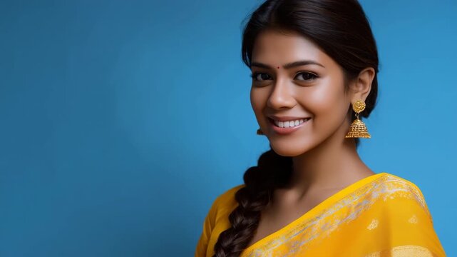 Smiling young asian female in bright yellow saree against blue background