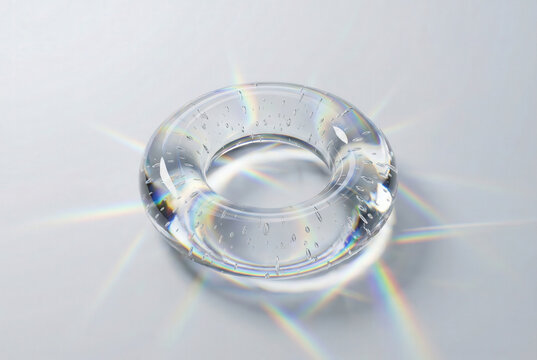 Anneau de verre abstrait flottant reflets prismatiques