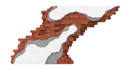 Cross-section of a damaged brick wall with peeling plaster layers