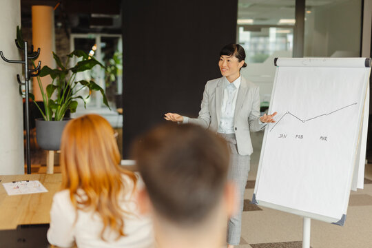 Businesswoman giving presentation on growth chart in office