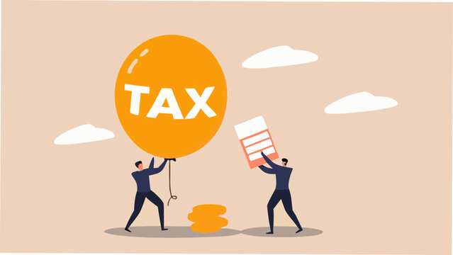 People lifting a balloon with the word tax written on it