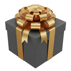 Elegant dark gray gift box with golden ribbon and bow isolated on transparent background
