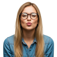 Obraz premium Young woman with blonde hair and glasses puckering lips isolated on transparent background
