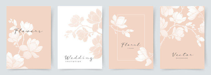 Elegant pink set of greeting cards with a magnolia blossom. Vector flower background for wedding invitation, card, social media, business card, flyer, banner, label © Feodora_21