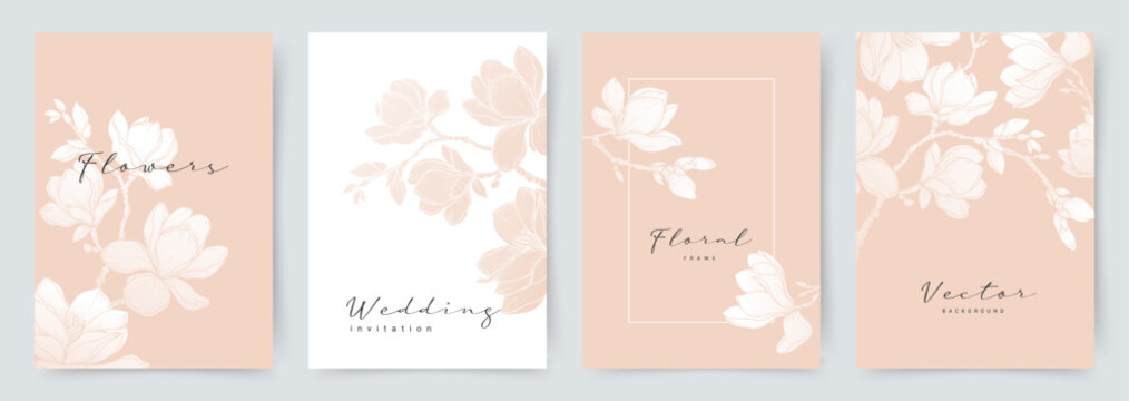 Elegant pink set of greeting cards with a magnolia blossom. Vector flower background for wedding invitation, card, social media, business card, flyer, banner, label