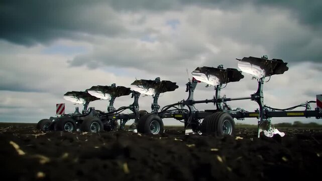 Plowing field with a large plow. Agriculture, plowing, and farming equipment. Cultivating soil for planting crops with a plow.