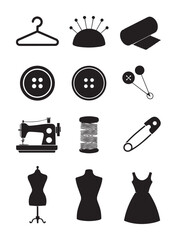 Black silhouettes of sewing and fashion white