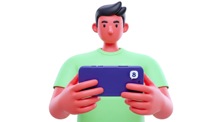 3D Cartoon Character Holding a Smartphone with Notification Bubble