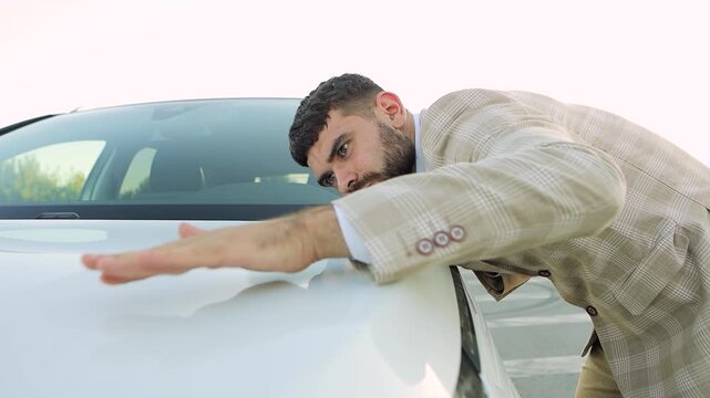 Stylish businessman examining gleaming white vehicle surface, checking precision details during meticulous pre-sale automotive quality assessment

