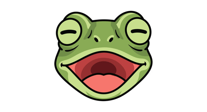 Cartoon Green Frog Head with Happy Open Mouth and Closed Eyes.