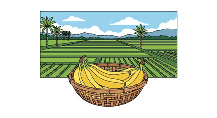 Ripe Yellow Bananas in Woven Basket Illustration. © Roti