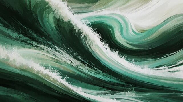 An expressionistic painting that captures the dynamic energy of powerful ocean waves.