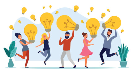 Fototapeta premium Diverse group of people celebrating with bright idea lightbulbs
