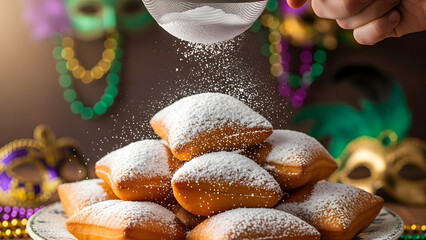Mardi Gras beignets dusted with powdered sugar, festive carnival masks and beads background