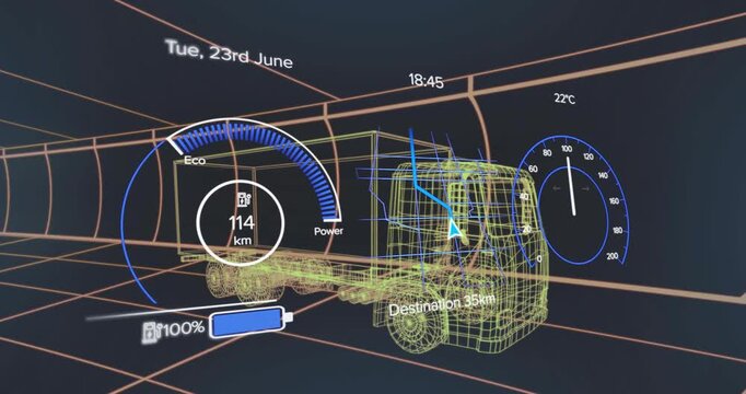 3D wireframe tractor-trailer being displayed in HUD, showing speedometer, navigation route