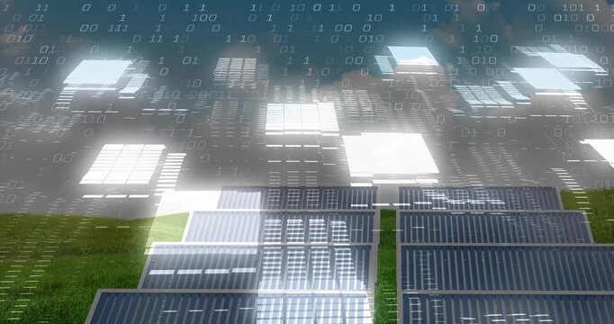 Ground-mounted solar panels generating energy on grassy field, binary code floating overhead