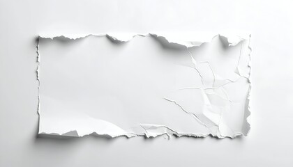 Torn, blank white paper fragment with ragged edges on bright white surface