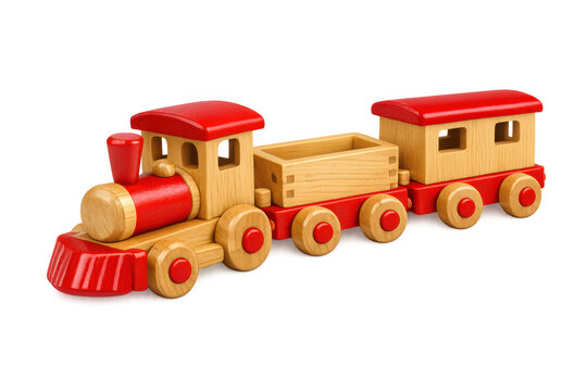 Wooden toy train with red details, a classic children's plaything, fostering imagination and childhood development on a transparent background