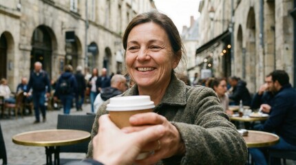 Woman Smiling While Receiving Coffee in Cozy Outdoor Cafe Scene